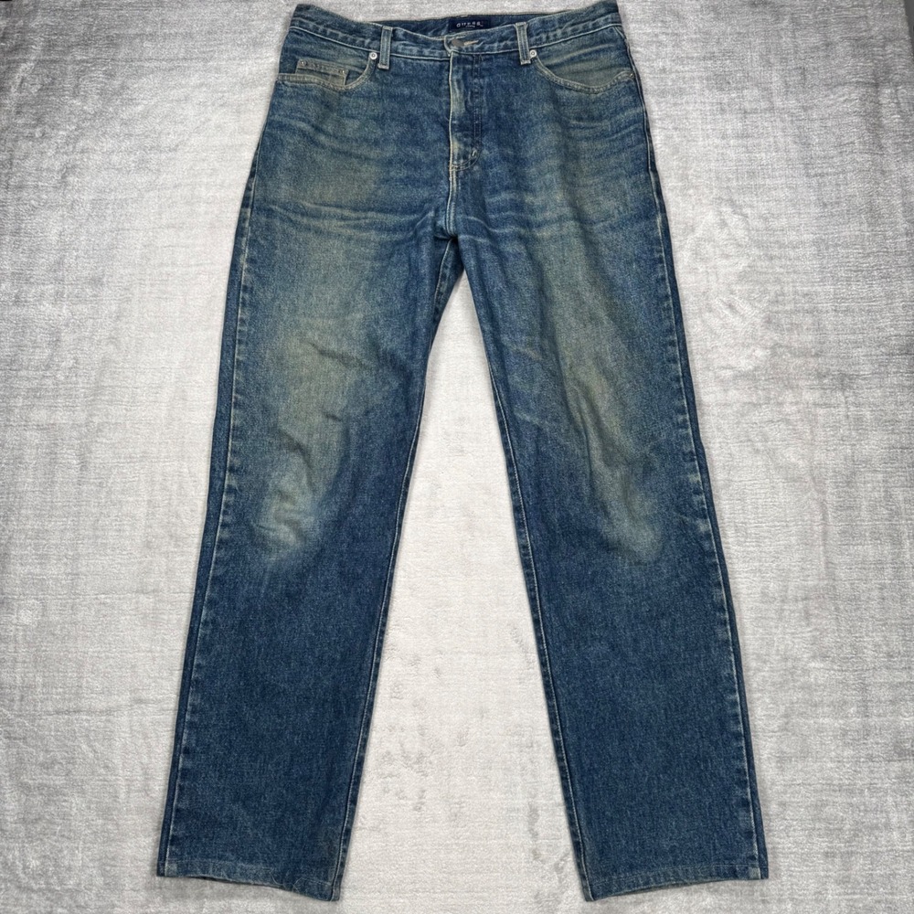Guess Jeans Mens 34x30 Blue Denim Vintage Y2K Straight Leg Medium Wash Fade